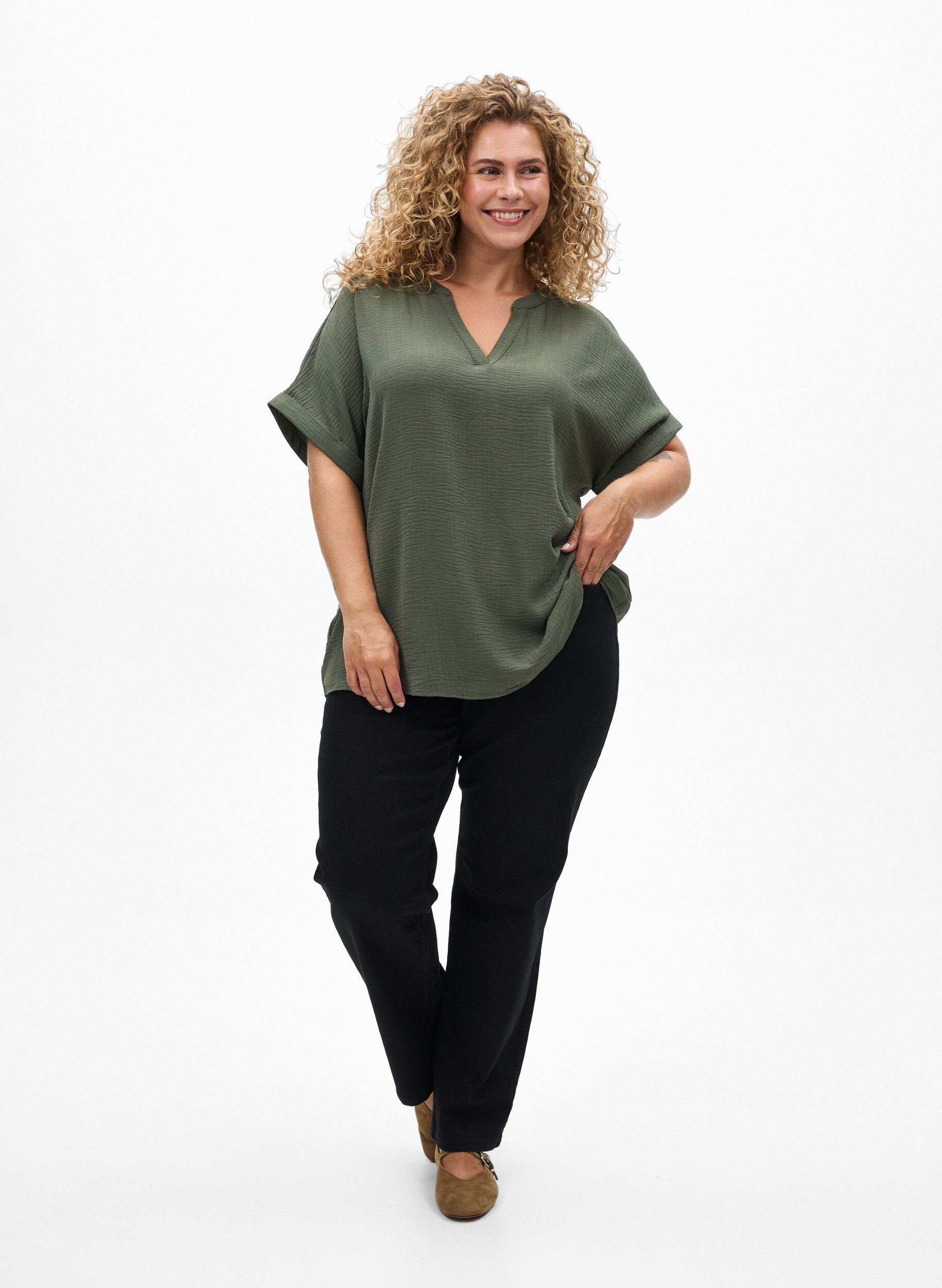 ZizziL&oslash;s bluse med korte ermer, Gr&oslash;nn, Model image number 1