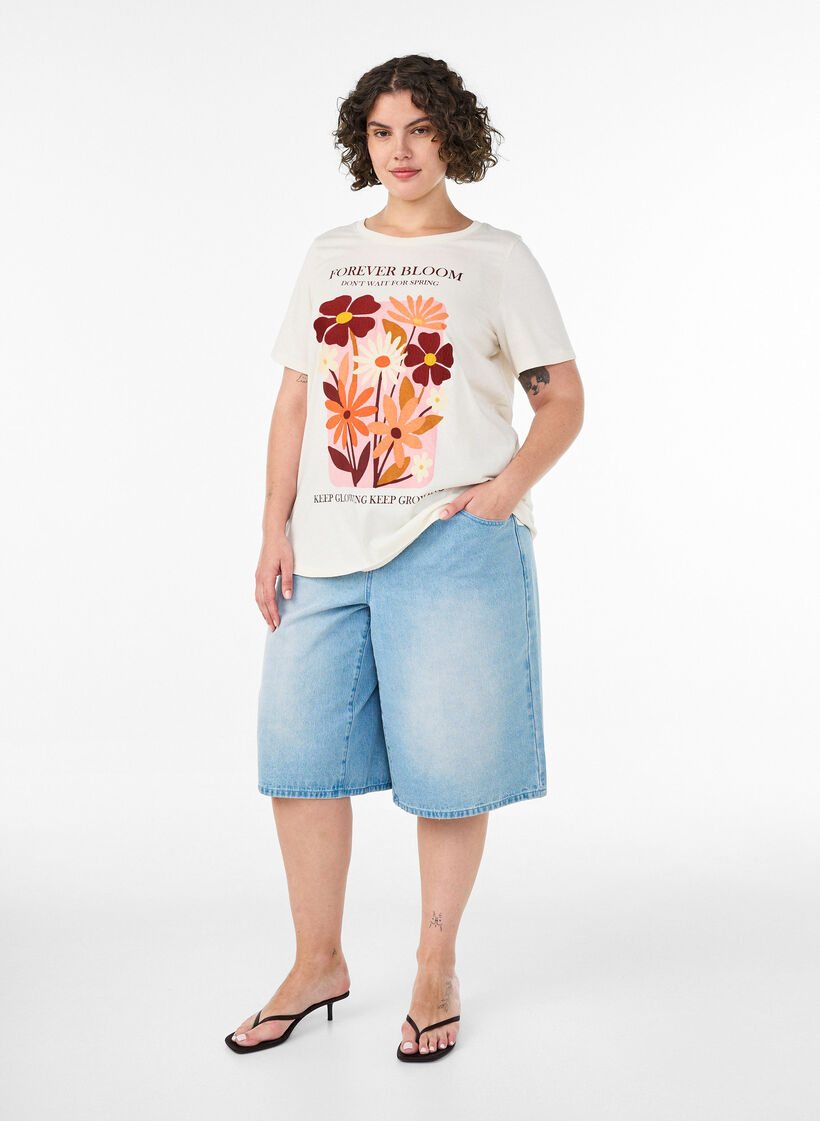 Bomull T-skjorte med trykk, Vanilje, Model image number 1