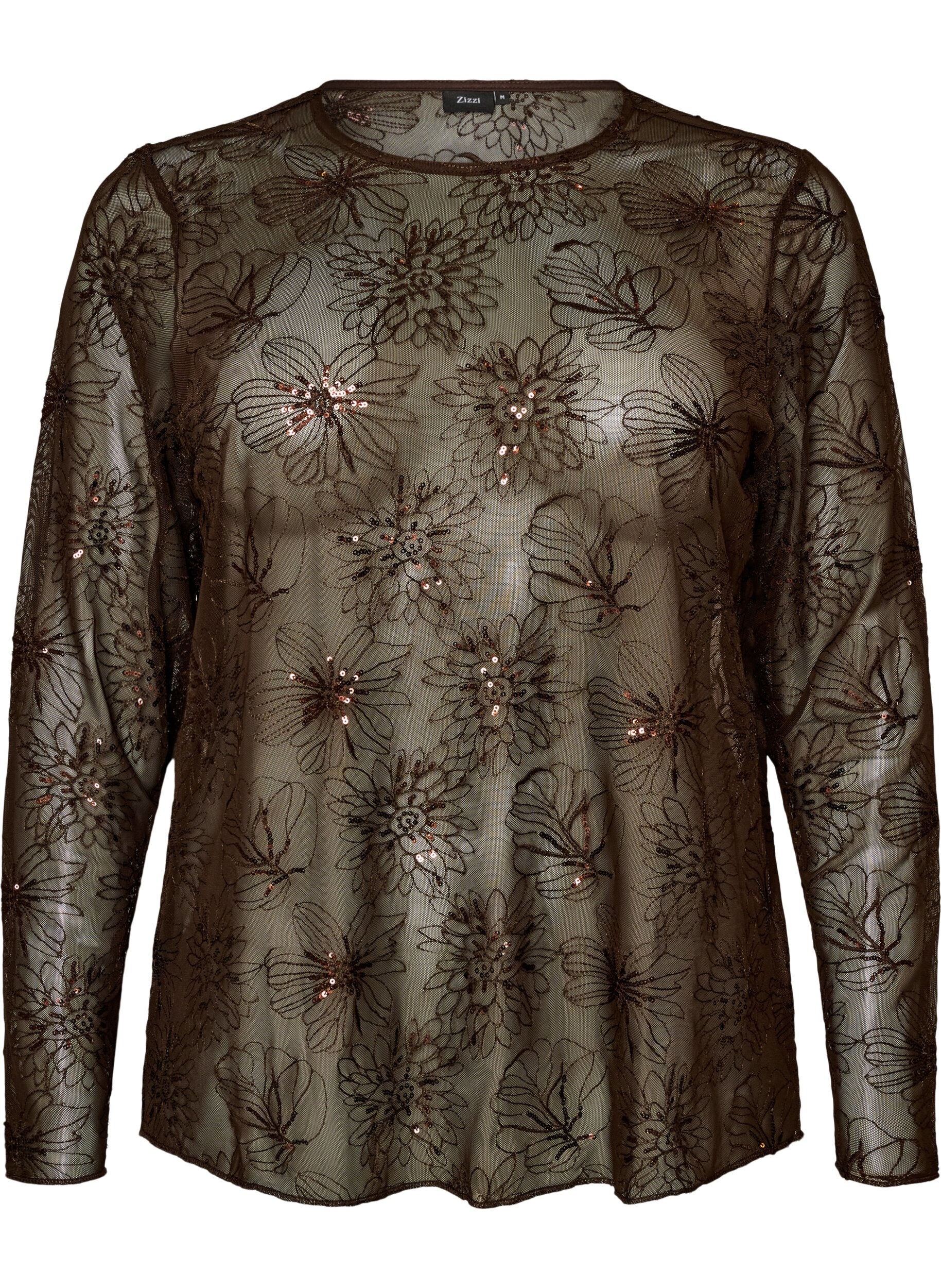 Bluse i mesh med blomster og paljetter