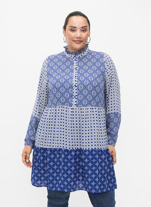 A-formet kjole med mønster og cutlines, Blue AOP, Model image number 0