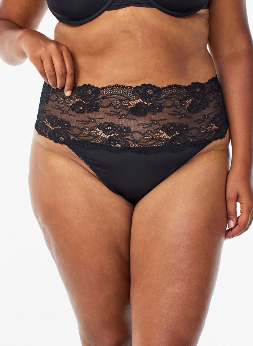 G-streng med bred blondekant, 2 stk., Svart, Model image number 2
