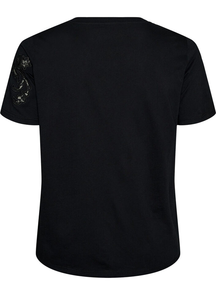 Bomulls-T-skjorte med blonderapplikasjoner, Svart, Packshot image number 1