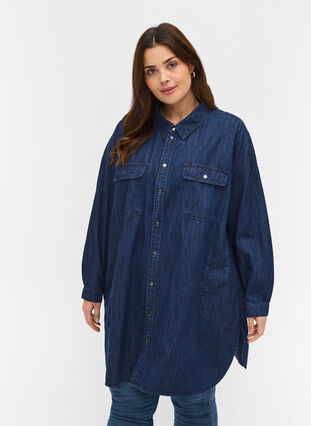 Oversized denimskjorte med lommer, Dark blue denim, Model image number 0