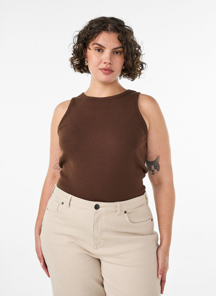 Ribbet topp i bomull med h&oslash;y hals, Brun, Model image number 0