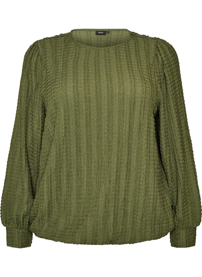 Jerseybluse med struktur og ballongsilhuett, Gr&oslash;nn, Packshot image number 0