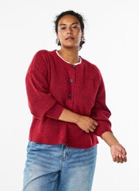 Ribbestrikket cardigan med knapper, Rød Ribbestrikket cardigan med knapper, Rød, Model
