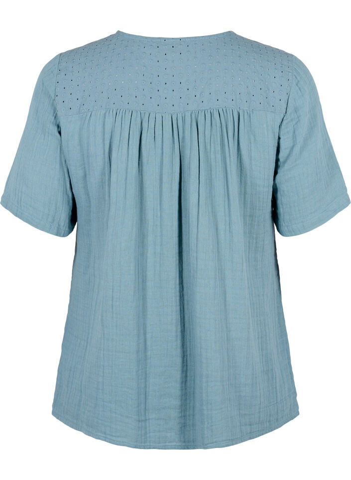 Bluse i bomull med broderi og korte ermer, Smoke Blue, Packshot image number 1