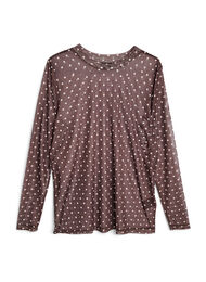 Bluse med mesh og prikker, Brown w. White Dot