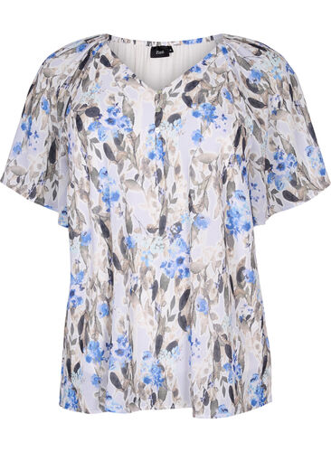 Mønstrete bluse med korte ermer, Blue Flower AOP, Packshot image number 0