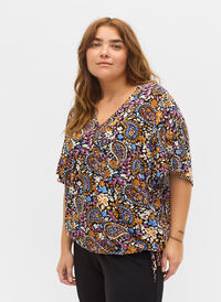 Bluse med omslagseffekt og korte ermer, Black G. Sky Paisley, Model