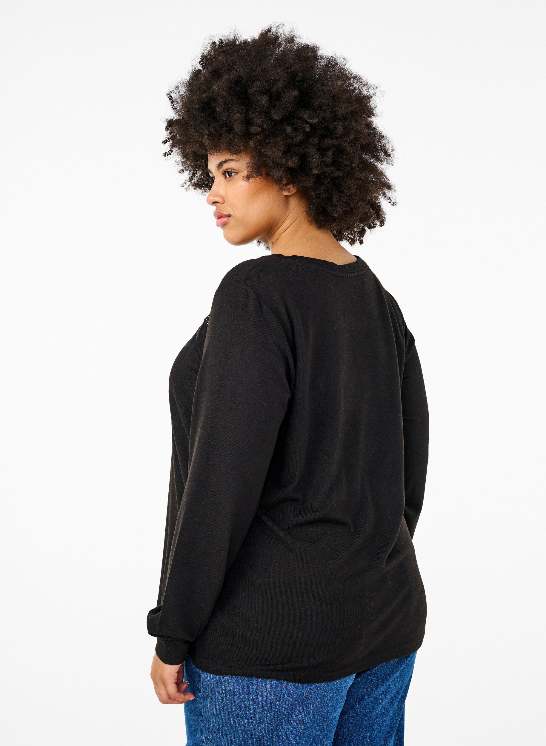 Zizzi Bluse med broderi og rhinsteiner, Black, Model image number 1