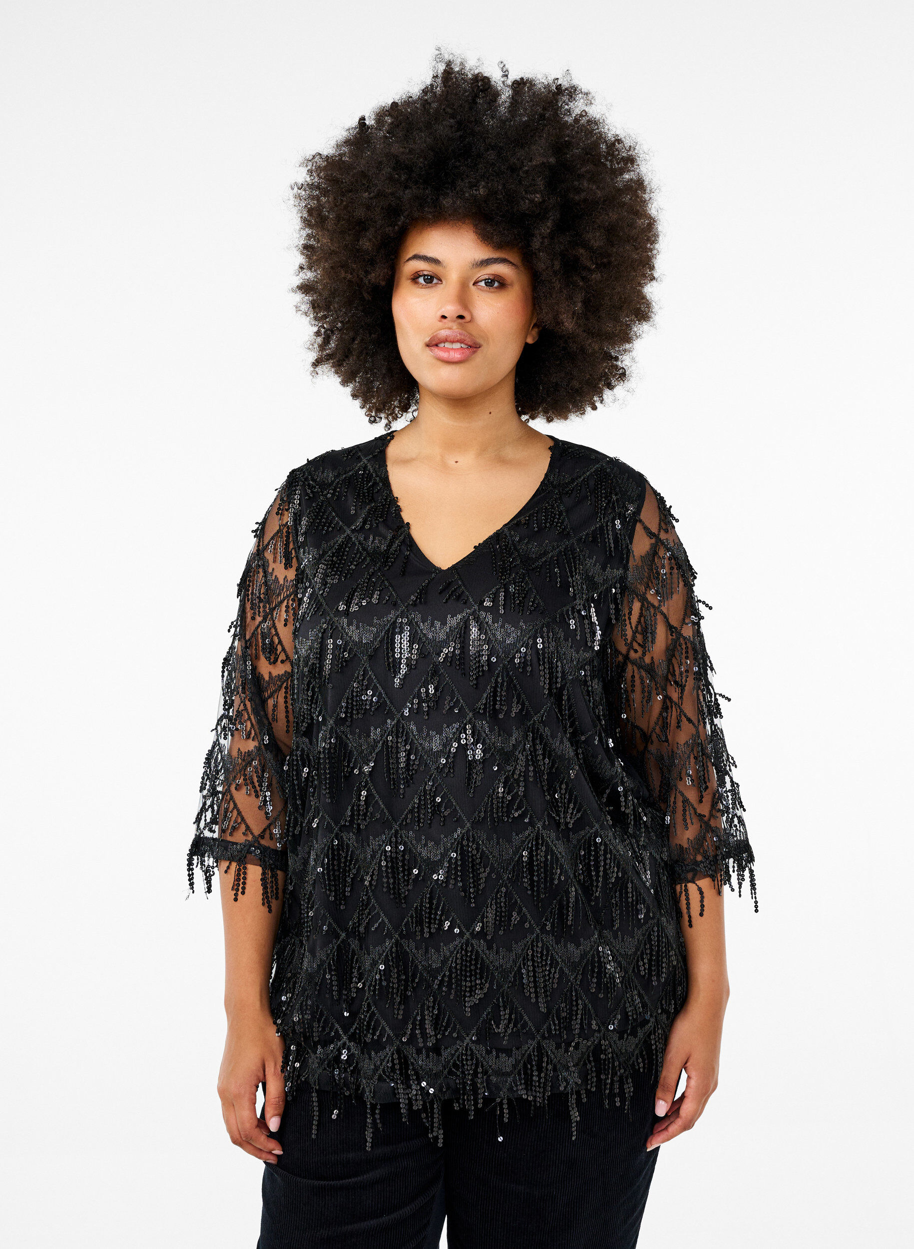 Zizzi Festbluse med paljettfrynser og 3/4-ermer., Black, Model image number 0