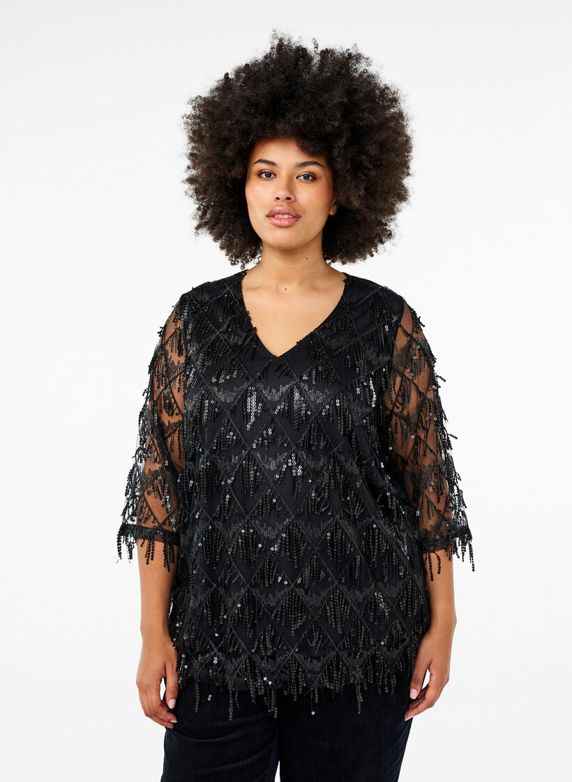 Festbluse med paljettfrynser og 3/4-ermer., Black, Model image number 0