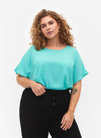 Kortermet bluse med rund hals, Turquoise, Model