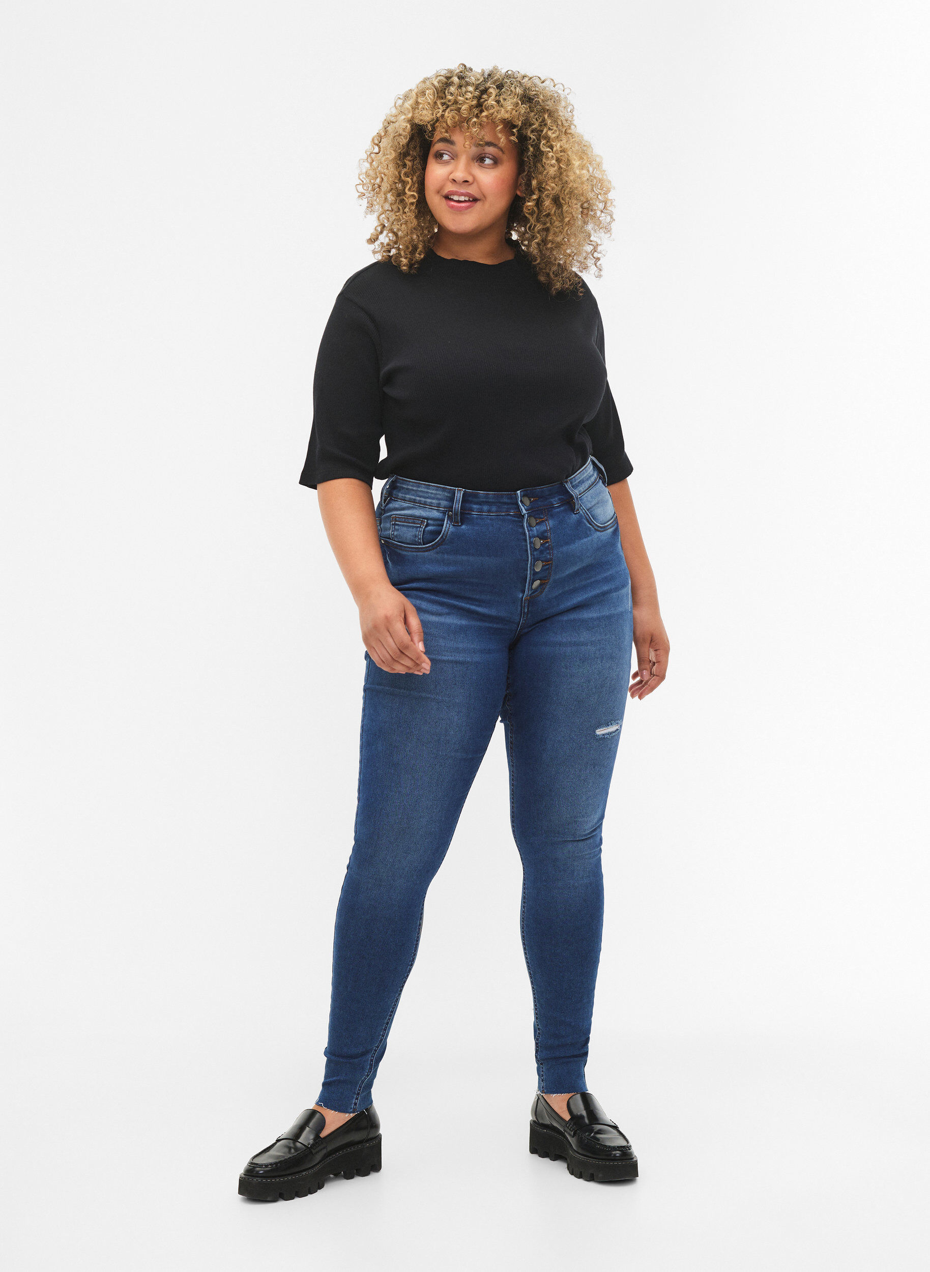 Zizzi Amy-jeans med h&oslash;y midje og knapper, Blue denim, Model image number 0