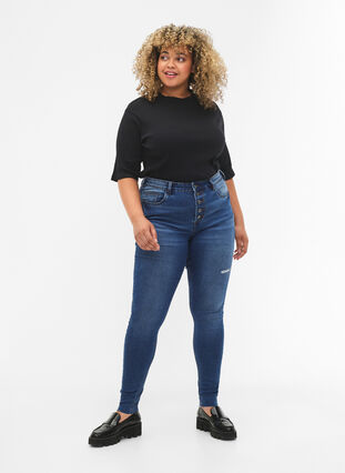 Amy-jeans med høy midje og knapper, Blue denim, Model image number 0