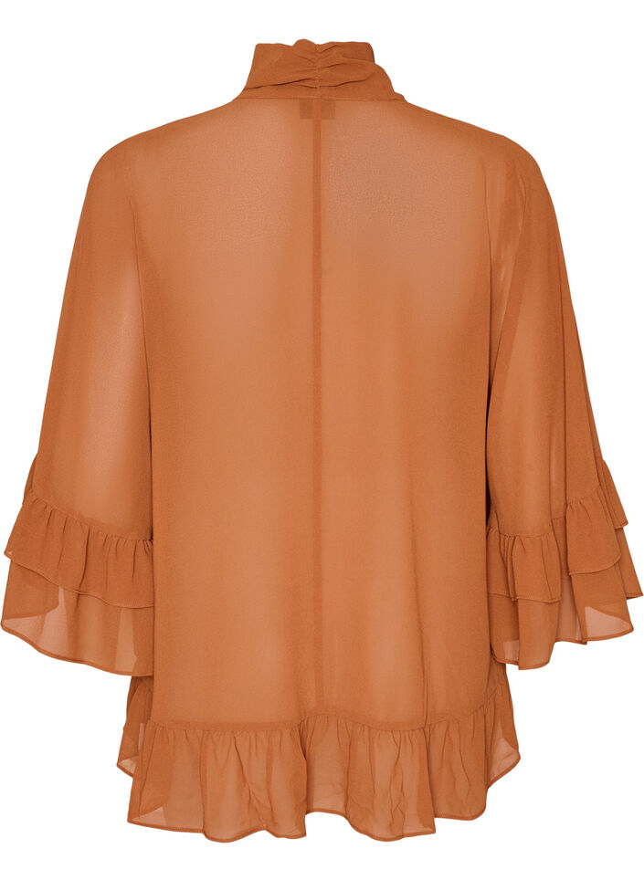 Bluse med b&aring;ndknyting og volangdetaljer, Brun, Packshot image number 1