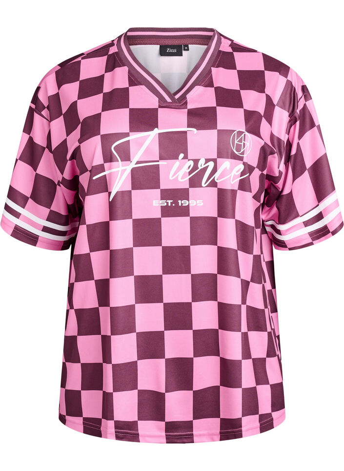 Sporty T-skjorte med ruter og teksttrykk, Rød, Packshot image number 0