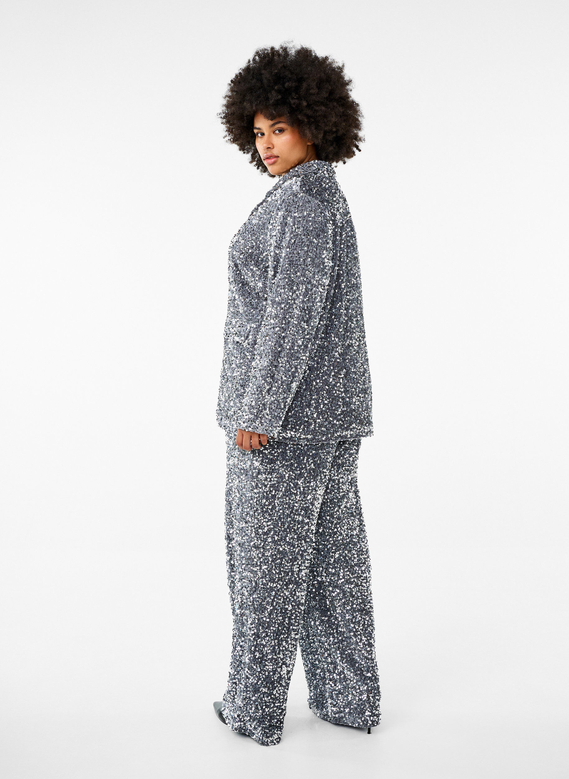 Zizzi Vide paljettbukser med h&oslash;y midje, Silver, Model image number 1