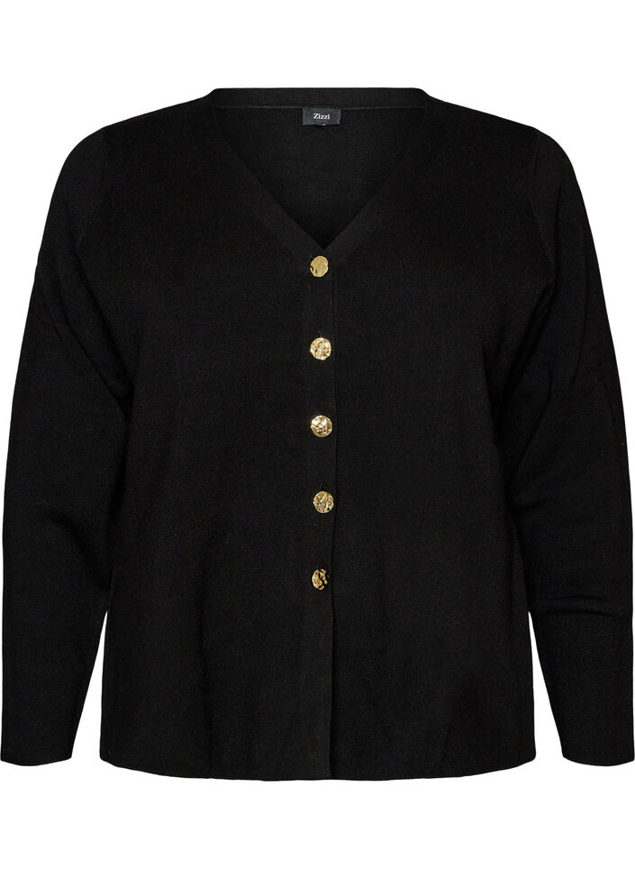 Finstrikket cardigan med dekorative knapper, Svart, Packshot image number 0