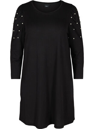 Kjole med lange puffermer og perler, Black, Packshot image number 0