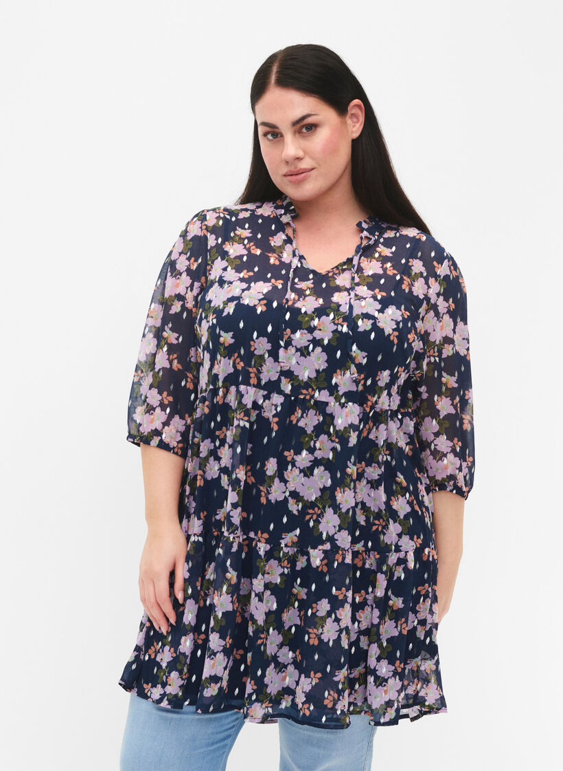 Tunika med blomstermønster og lurex, Blue Small Fl. AOP, Model image number 0