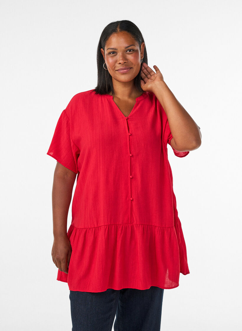 L&oslash;s tunika med kr&oslash;llet struktur og volangkant, R&oslash;d, Model image number 0