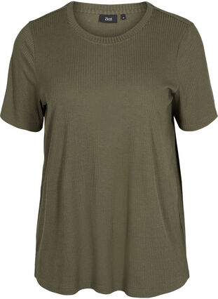 Kortermet T-skjorte i et ribbet materiale, Dusty Olive, Packshot image number 0