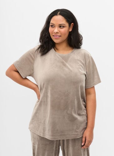 Kortermet T-skjorte i velur, Taupe Gray, Model image number 0