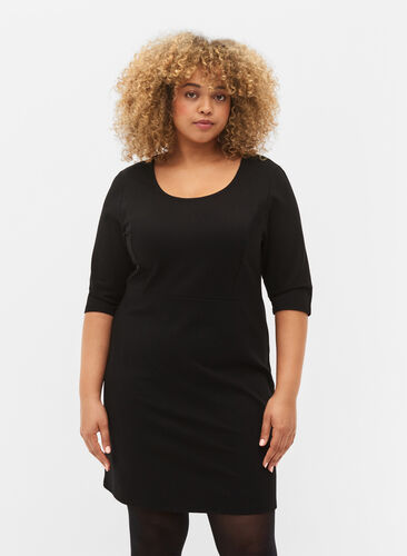 Ensfarget kjole med 3/4-ermer og splitt, Black, Model image number 0