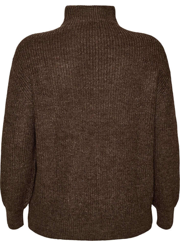 Strikket genser med h&oslash;y hals og glidel&aring;s, Brun, Packshot image number 1