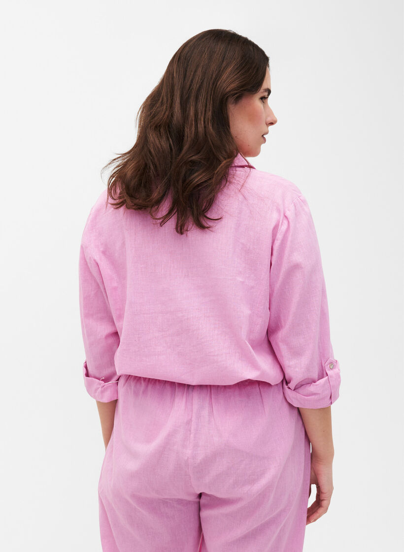 Skjortebluse med knappelukking i bomull-lin-blanding, Rosebloom, Model image number 1