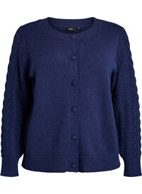Cardigan med kabelstrikkede ermer, Blå Cardigan med kabelstrikkede ermer