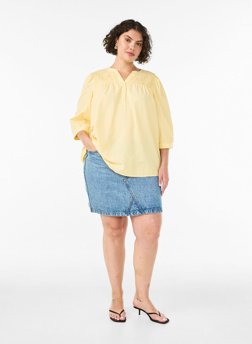 Bluse med smock og 3/4 ermer, Gul, Model image number 1