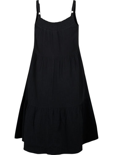 Ensfarget kjole med stropper i bomull, Black, Packshot image number 1