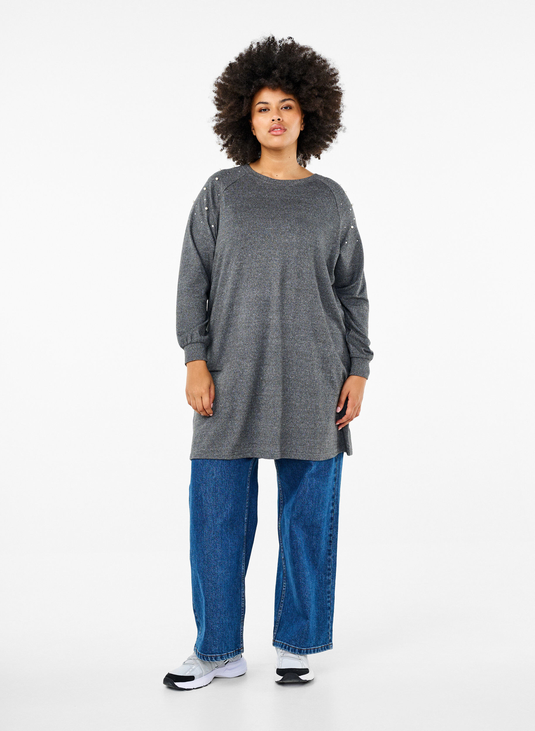 Zizzi Langermet kjole med perler, Gr&aring;, Model image number 1