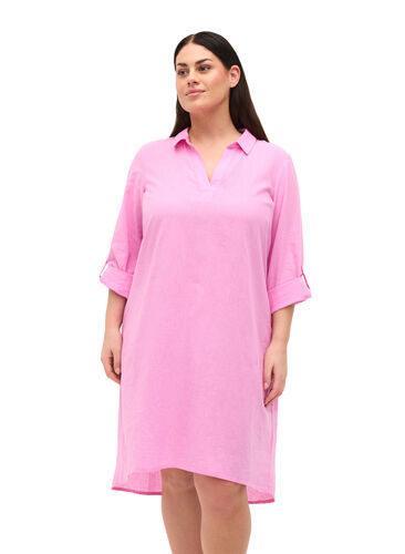 Stripet kjole i bomull og lin, Begonia Pink, Model image number 0