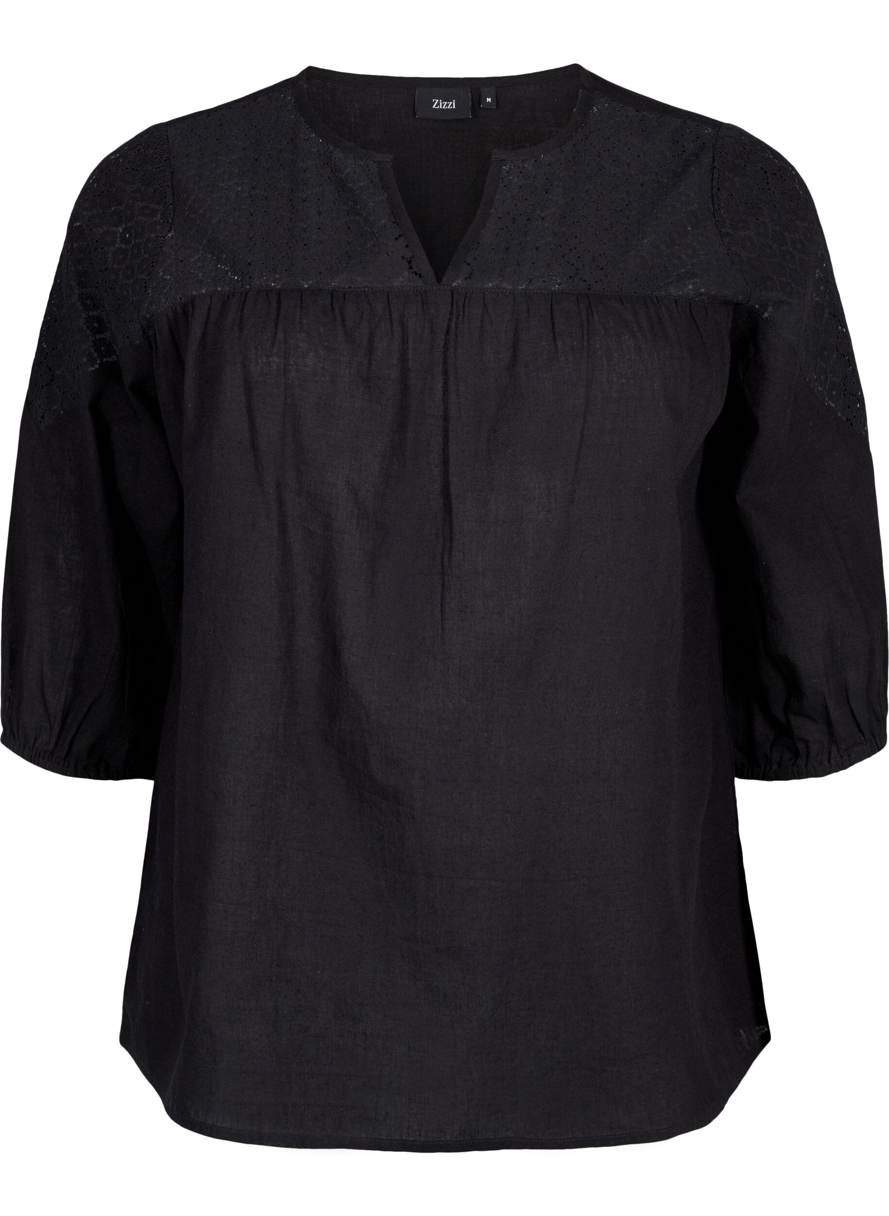Zizzi Bluse i bomullsblanding med lin og heklede detaljer, Black, Packshot image number 0
