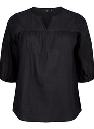 Bluse i bomullsblanding med lin og heklede detaljer, Black