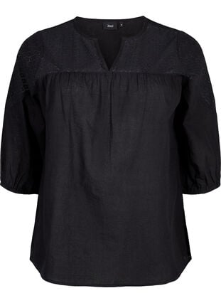 Bluse i bomullsblanding med lin og heklede detaljer, Black, Packshot image number 0