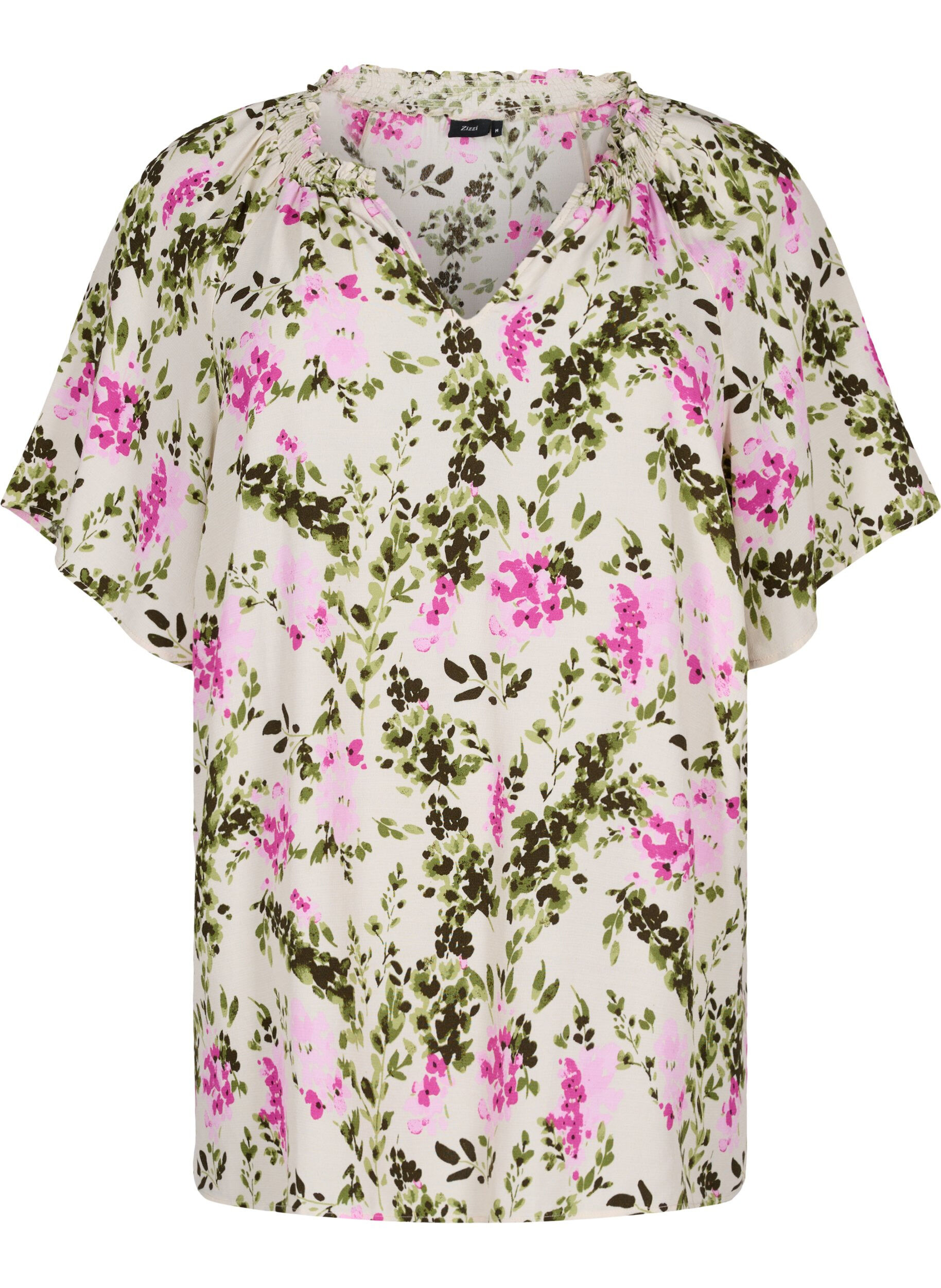 Zizzi Viskosebluse med korte ermer, Green Pink AOP, Packshot image number 0