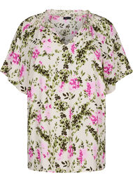 Viskosebluse med korte ermer, Green Pink AOP