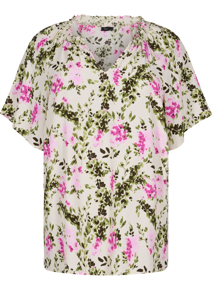 Viskosebluse med korte ermer, Green Pink AOP, Packshot image number 0