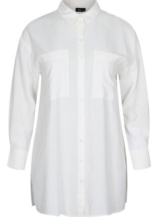 Lang viskoseskjorte med lommer og splitt, White, Packshot image number 0
