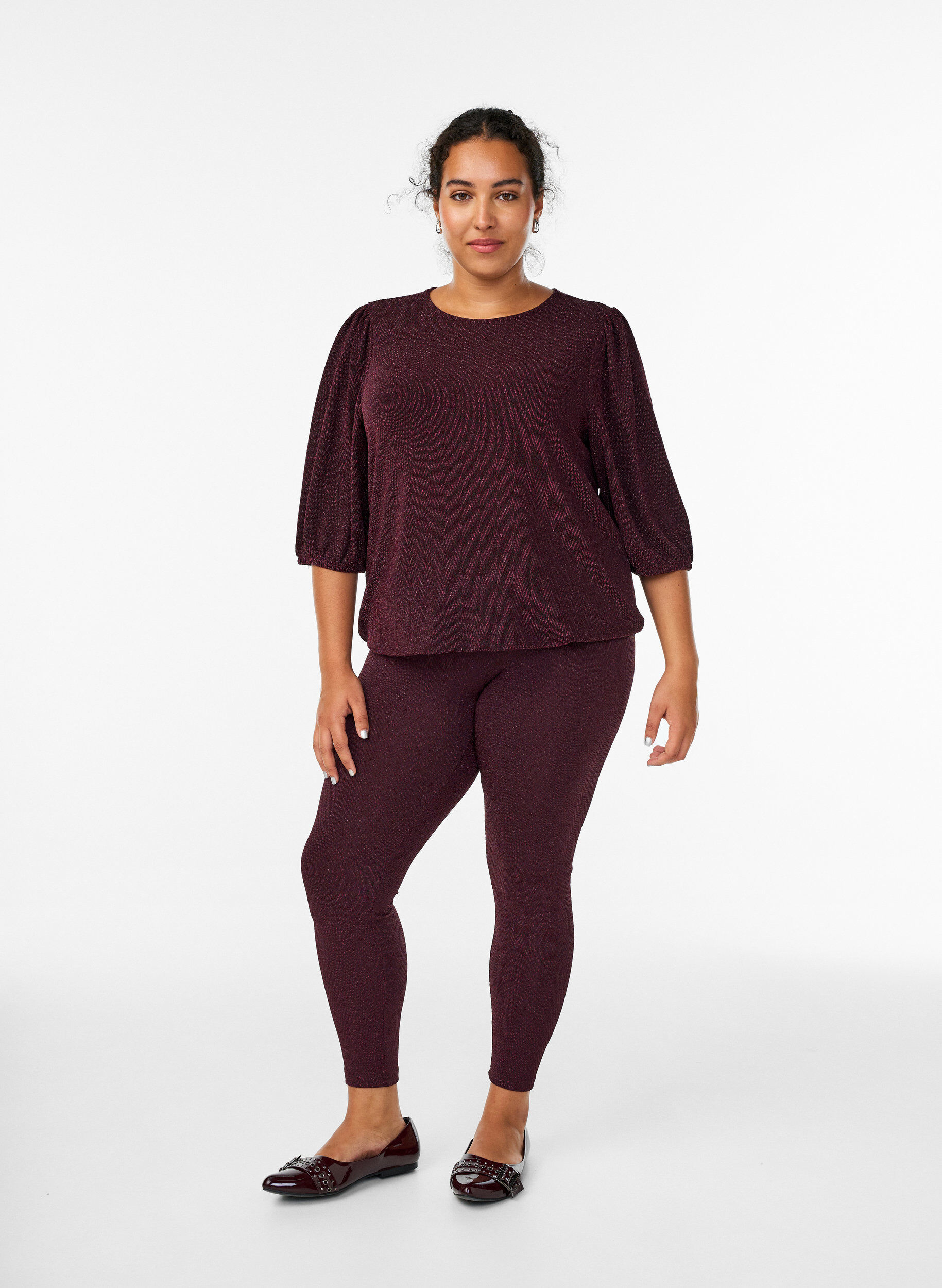 Zizzi Glitterm&oslash;nstrede leggings, M&oslash;rk Bordeaux, Model image number 1