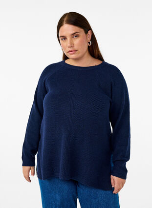 Zizzi Strikket bluse med rund hals, Naval Academy Mel., Model image number 0