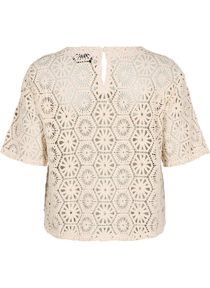 Heklet bluse med korte ermer, Beige, Packshot image number 1