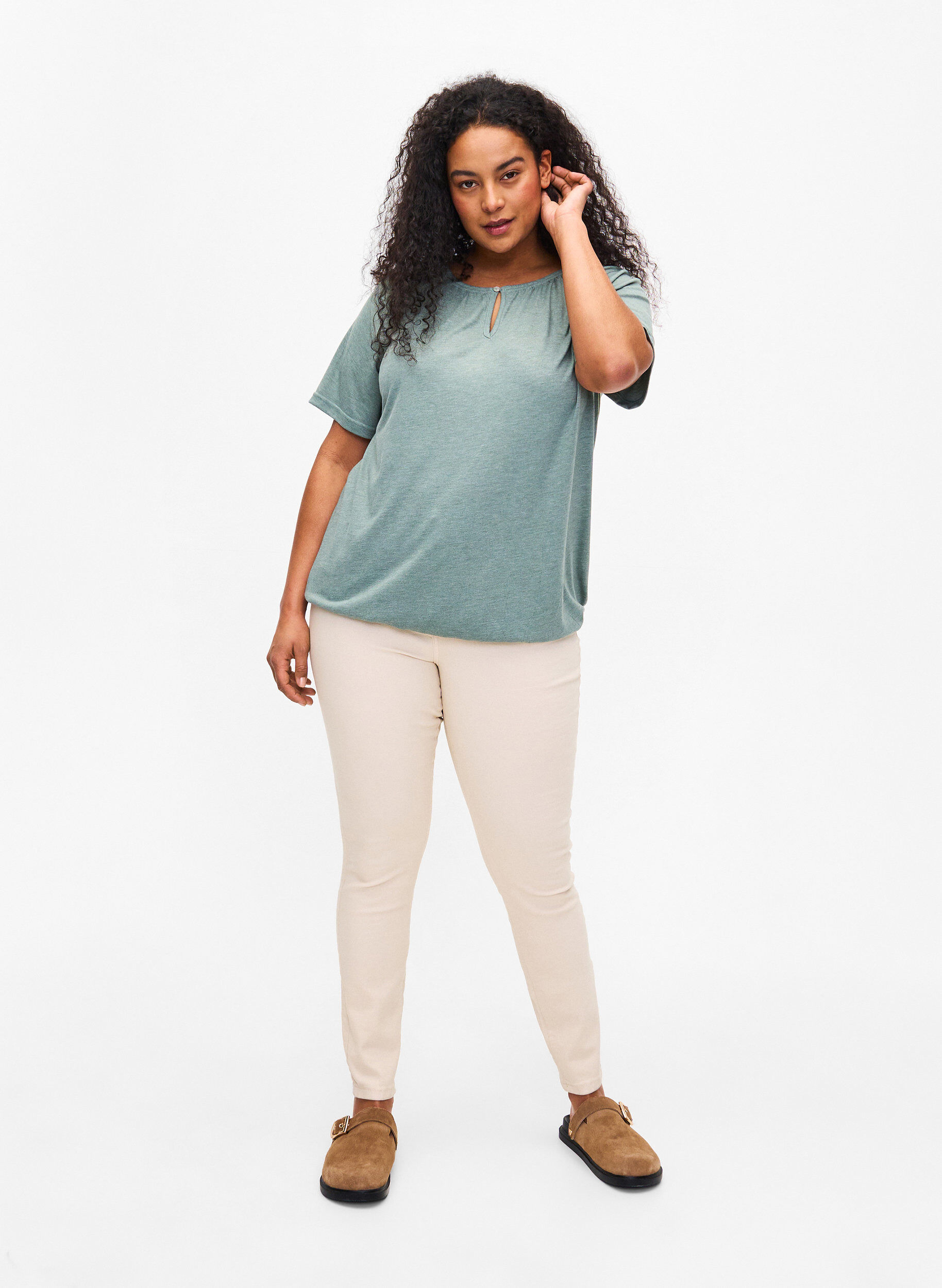 Zizzi Melange Bluse med korte ermer, Chinois Green Mel., Model image number 2