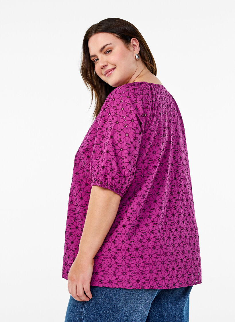 Bluse med brodert blomster mønster, Lilla, Model image number 2
