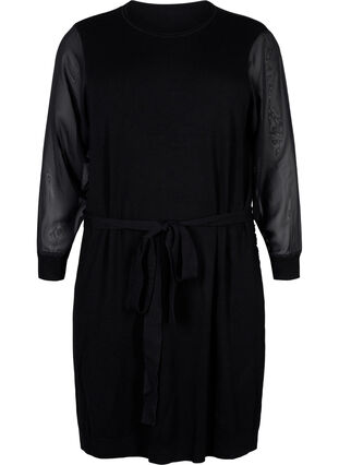 Strikket kjole med transparente ermer, Black, Packshot image number 0
